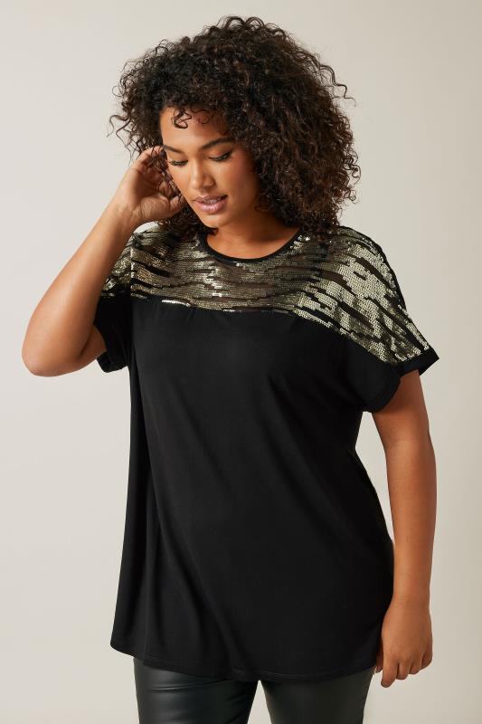 EVANS Plus Size Black Gold Sequin Embellished T Shirt Evans