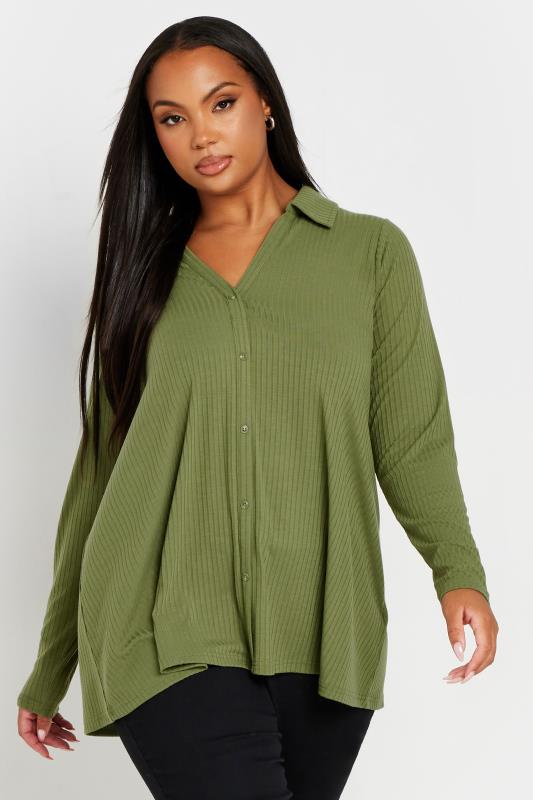 YOURS Plus Size Green Ribbed Button Front Long Sleeve Collared Top | Yours Clothing 4