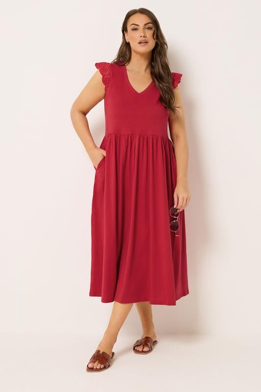 YOURS Plus Size Red Broderie Sleeve Maxi Dress | Yours Clothing 1