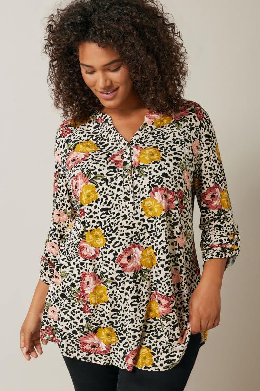 Plus Size  Evans Brown Animal & Floral Mixed Print Shirt