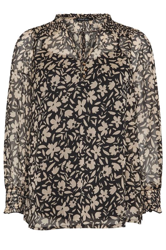 EVANS Plus Size Black & Natural Brown Floral Print Tie Neck Blouse | Evans 5