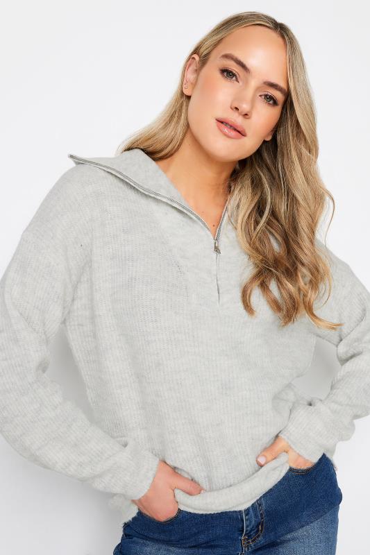 LTS Tall Women's Grey Marl Zip Funnel Neck Jumper | Long Tall Sally 4