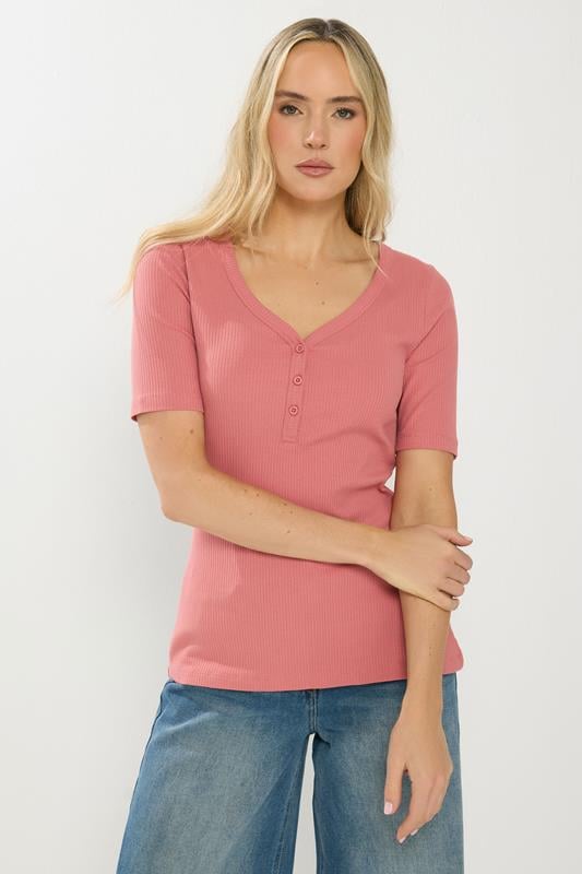 LTS Tall Coral Pink Ribbed Short Sleeve Henley Top
