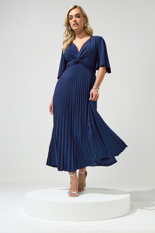 YOURS LONDON Curve Navy Blue Knot Pleated Maxi Dress | Yours Clothing 1