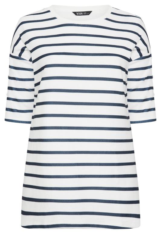 YOURS Curve White & Blue Striped Soft Touch Button Top | Yours Clothing 5
