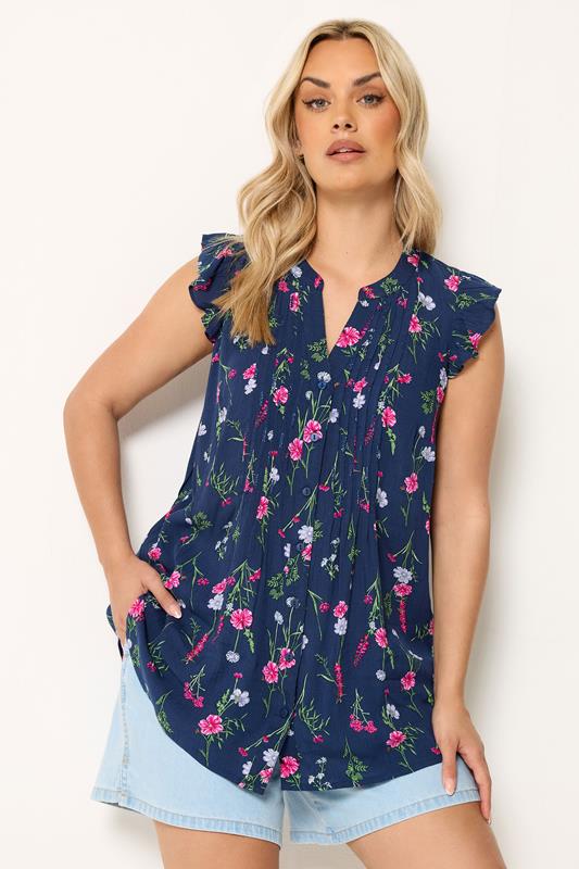 YOURS Curve Navy Blue Floral Sleeveless Pintuck Top