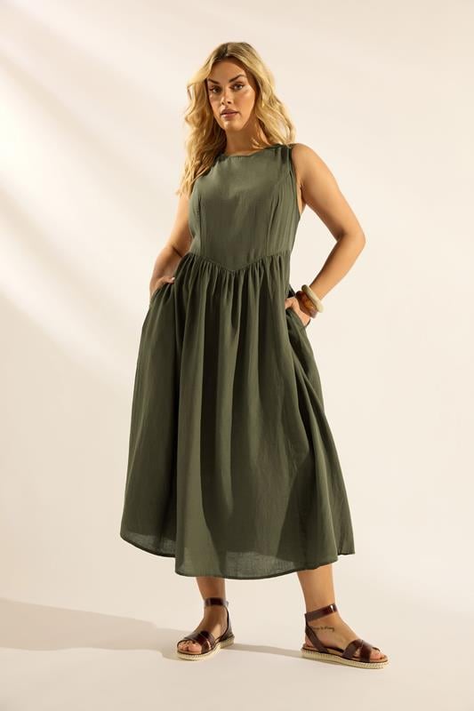  YOURS Curve Khaki Green Sleeveless Linen Midi Dress
