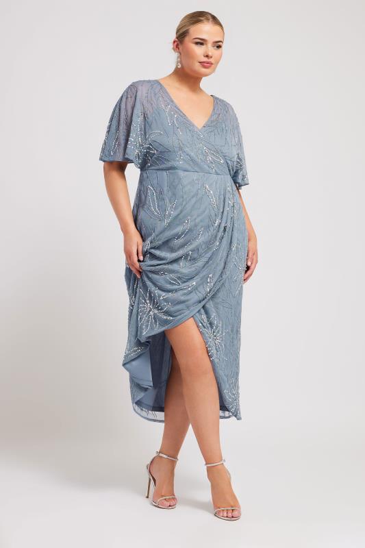 LUXE Plus Size Blue Embellished Wrap Midi Dress | Yours Clothing 2