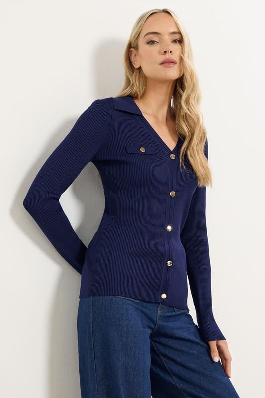 Tall  LTS Tall Navy Blue Ribbed Button Detail Top