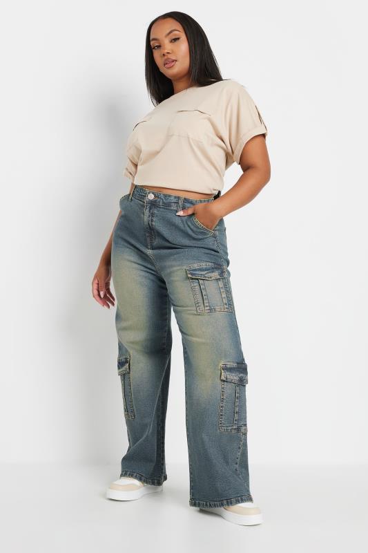 YOURS Plus Size Blue Washed Wide Leg Cargo Jeans | Yours Clothing 3