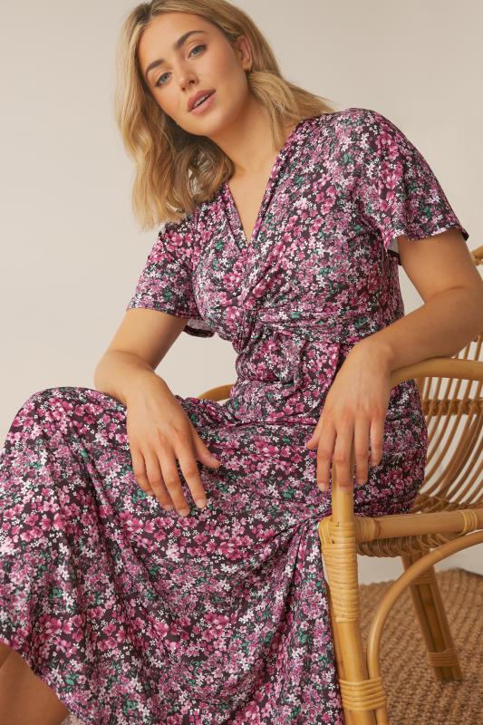Women's  M&Co Pink Floral Print Twist Front Short Sleeve Dress