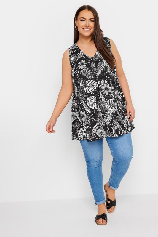 YOURS Plus Size Black Leaf Print Pleat Front Vest Top | Yours Clothing 2