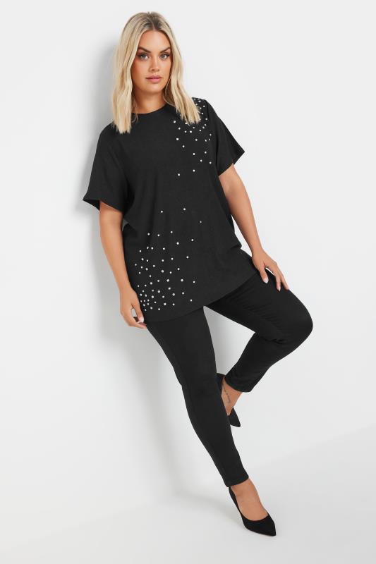 YOURS Plus Size Black Textured Diamante T-Shirt | Yours Clothing 2