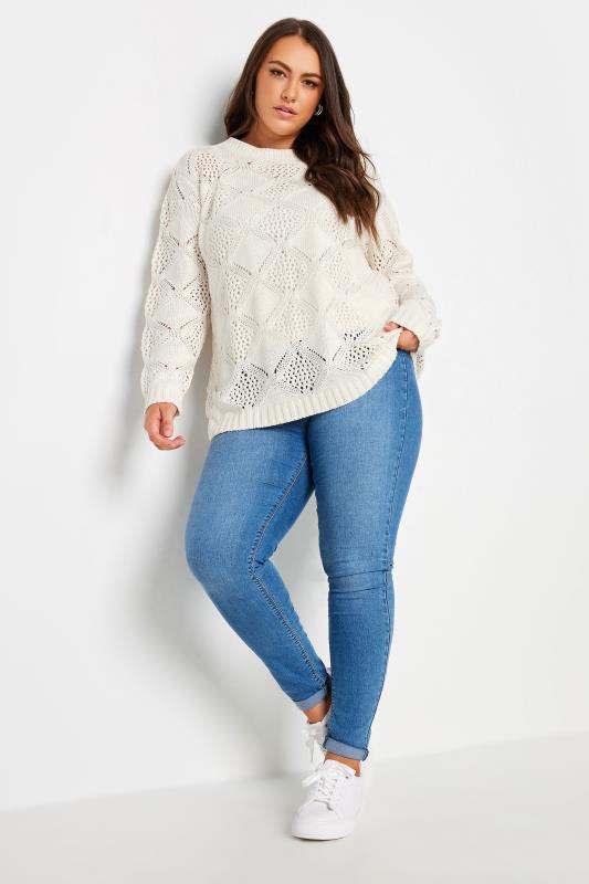 YOURS Plus Size Ivory White Pointelle Stitch Jumper | Yours Clothing 2