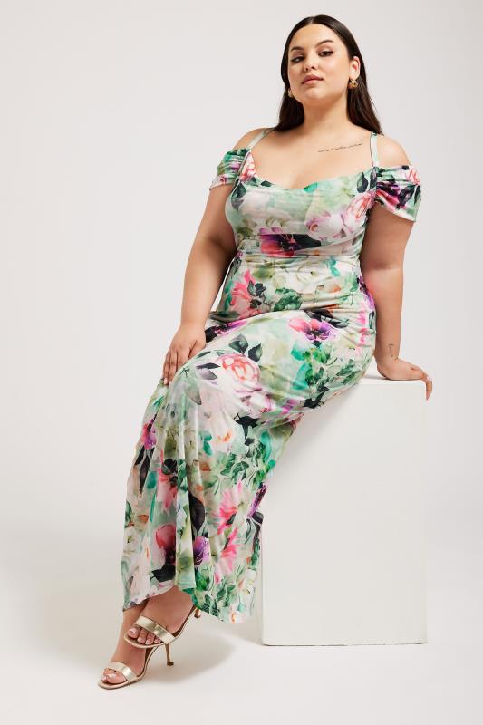 YOURS LONDON Curve Green Floral Print Cold Shoulder Dress | Yours Clothing 2