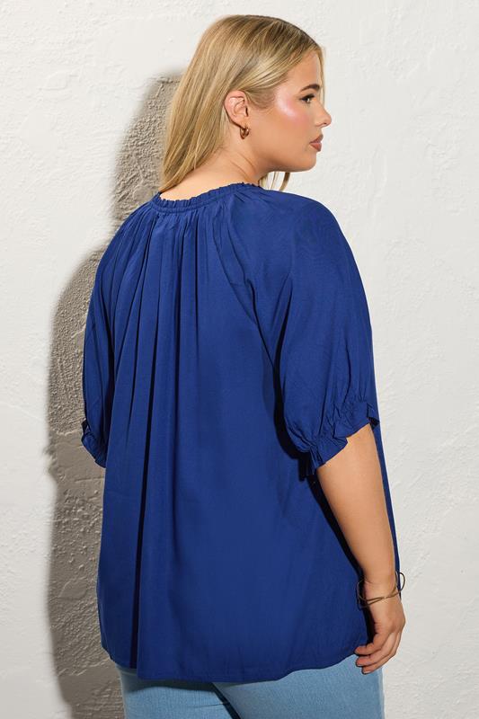 YOURS Plus Size Cobalt Blue Frill Notch Neck Blouse | Yours Clothing 3