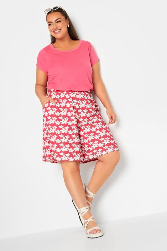 YOURS Plus Size Pink & White Floral Print Pull On Shorts | Yours Clothing 1