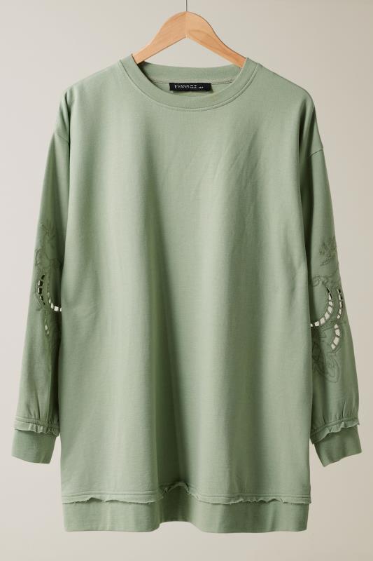 EVANS Plus Size Sage Green Cutwork Crew Neck Sweatshirt | Evans 5