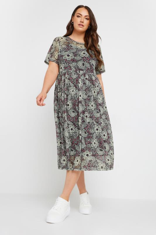 YOURS Plus Size Black Floral Print Mesh Midaxi Dress | Yours Clothing 2