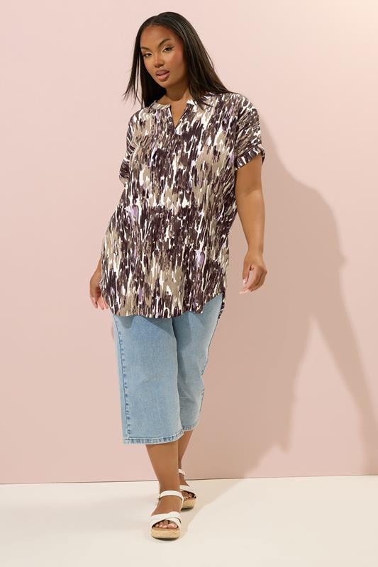 YOURS Plus Size Brown Abstract Print Notch Neck Top | Yours Clothing 2