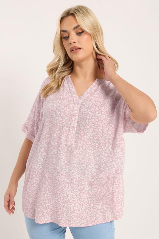 YOURS Curve Pink Crinkle Floral Notch Neck Top