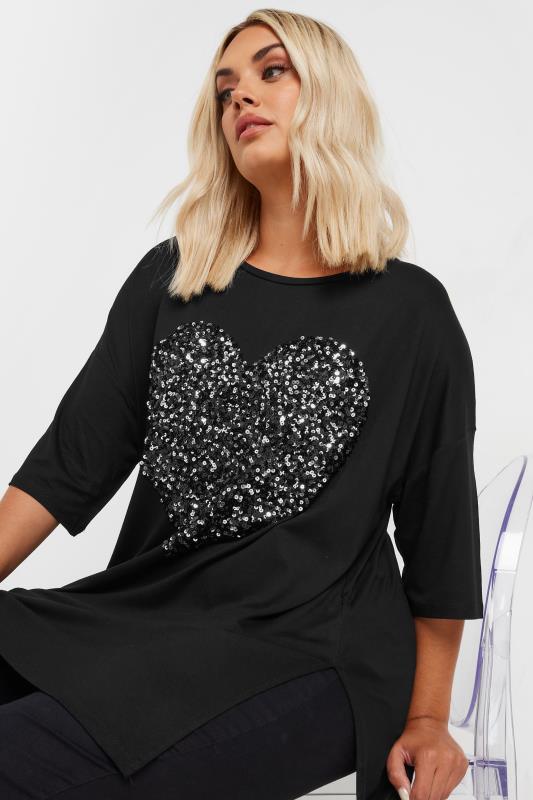 YOURS Plus Size Black Heart Sequin Embellished T-Shirt | Yours Clothing  4