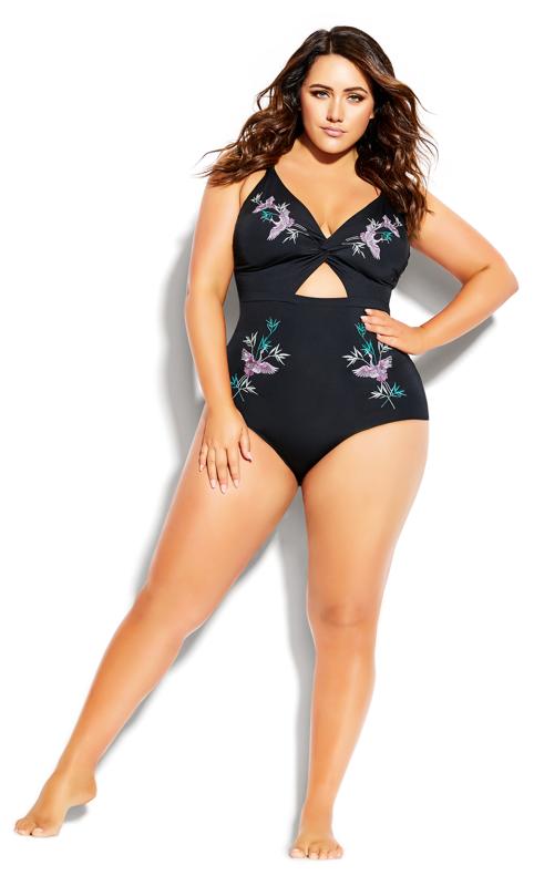 City Chic Black Embroidered Swimsuit 1