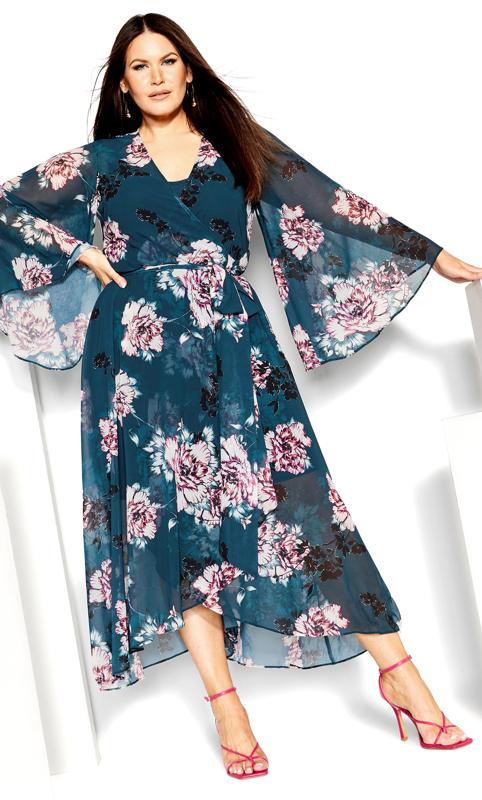 Plus Size Jade Blossom Wrap Bell Sleeve Maxi Dress 3