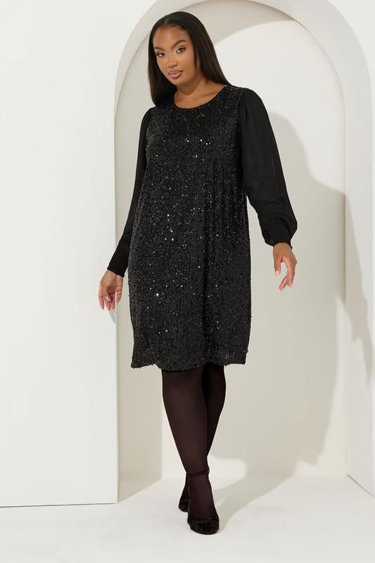 YOURS Plus Size Black Sequin Swing Dress | Yours Clothing 1
