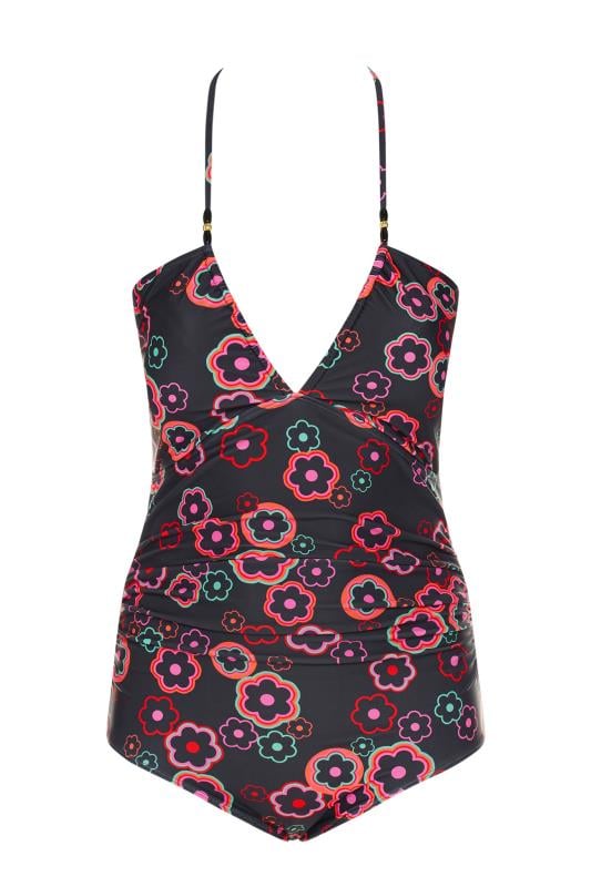 YOURS Plus Size Black & Pink Floral Halter Neck Swimsuit | Yours Clothing 9