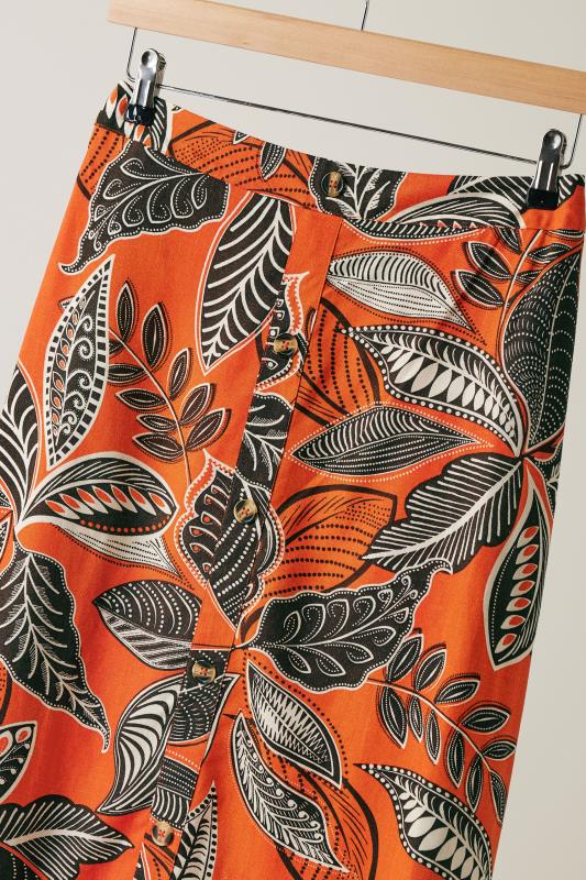EVANS Plus Size Orange Leaf Print Linen Midi Skirt | Evans 8