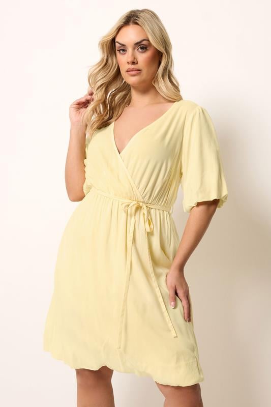 YOURS Curve Yellow Puff Ball Wrap Dress