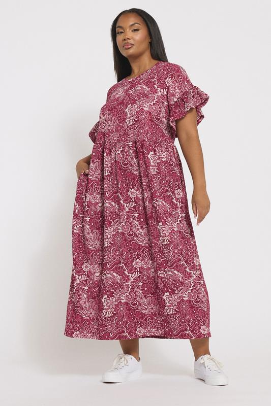 YOURS Plus Size Burgundy Red Floral Frill Sleeve Midaxi Dress | Yours Clothing 2
