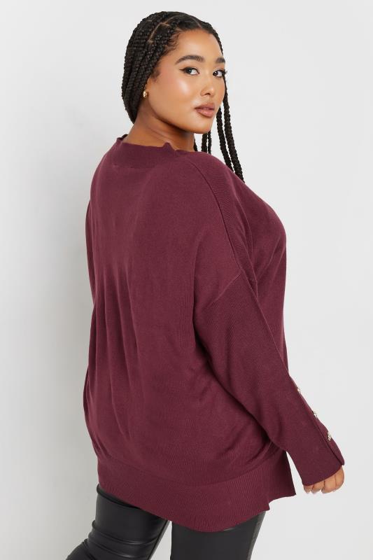 YOURS Plus Size Burgundy Red Button Sleeve Jumper | Yours Clothing  4