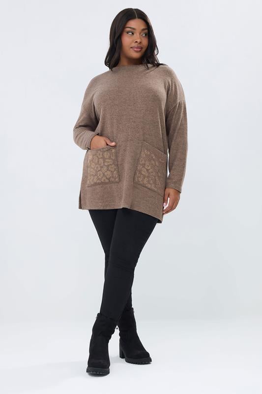 YOURS Plus Size Brown Leopard Diamante Embellished Pocket Top | Yours Clothing 2