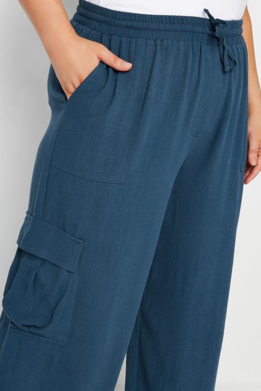 YOURS Plus Size Navy Blue Linen Look Cargo Trousers | Yours Clothing 4