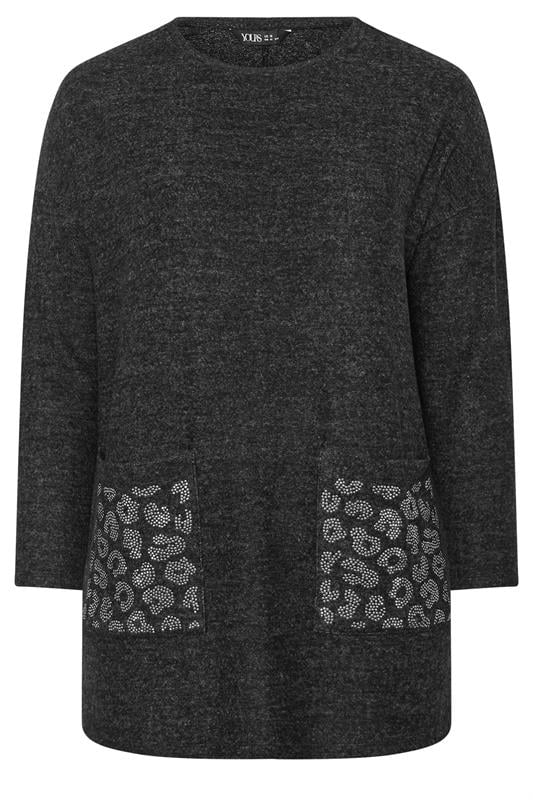 YOURS Plus Size Grey Leopard Diamante Embellished Pocket Top | Yours Clothing 5