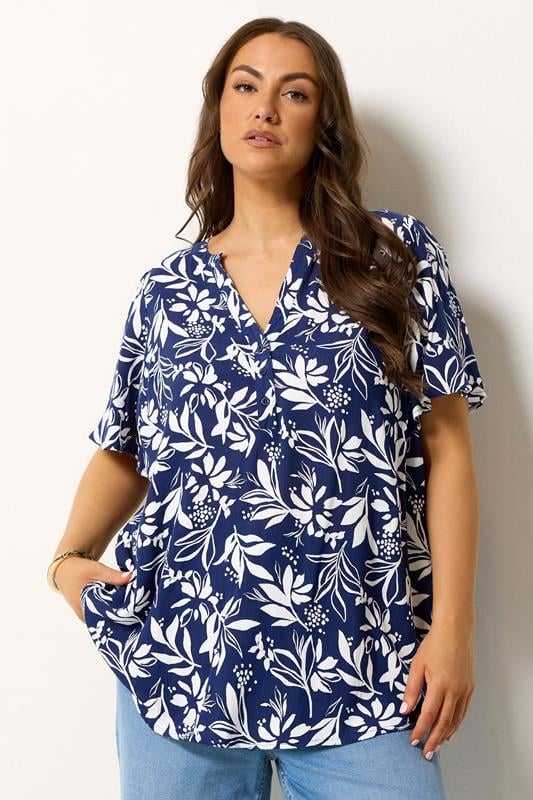 YOURS Curve Navy Blue Leaf Notch Neck Top