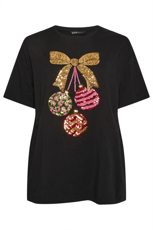 YOURS Plus Size Black Sequin Embellished Bauble T-Shirt | Yours Clothing  6