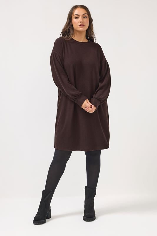 YOURS Plus Size Chocolate Brown Balloon Sleeve Sweatshirt Dress | Yours Clothing 1