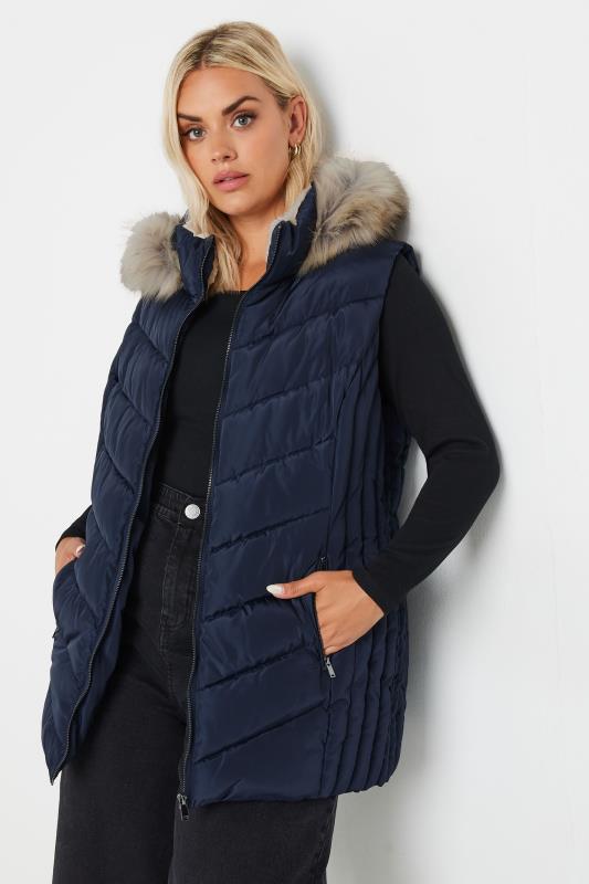 YOURS Plus Size Navy Blue Faux Fur Trim Padded Gilet | Yours Clothing 2