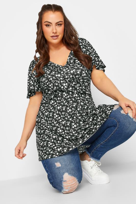 YOURS Plus Size Black Ditsy Print Twist Front Top | Yours Clothing 1