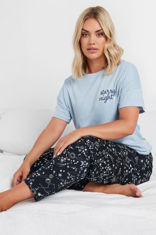 YOURS Plus Size Blue 'Starry Night' Star Print Wide Leg Pyjama Set | Yours Clothing 1