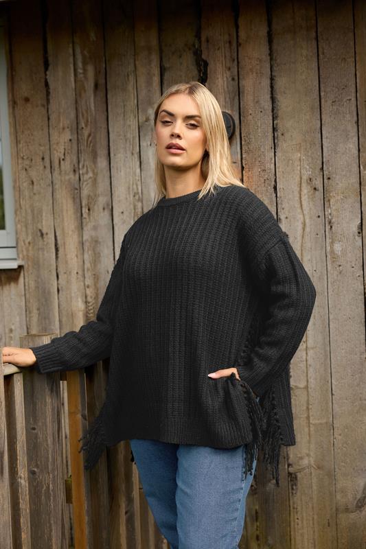 Plus Size  YOURS Curve Black Fringe Knitted Jumper
