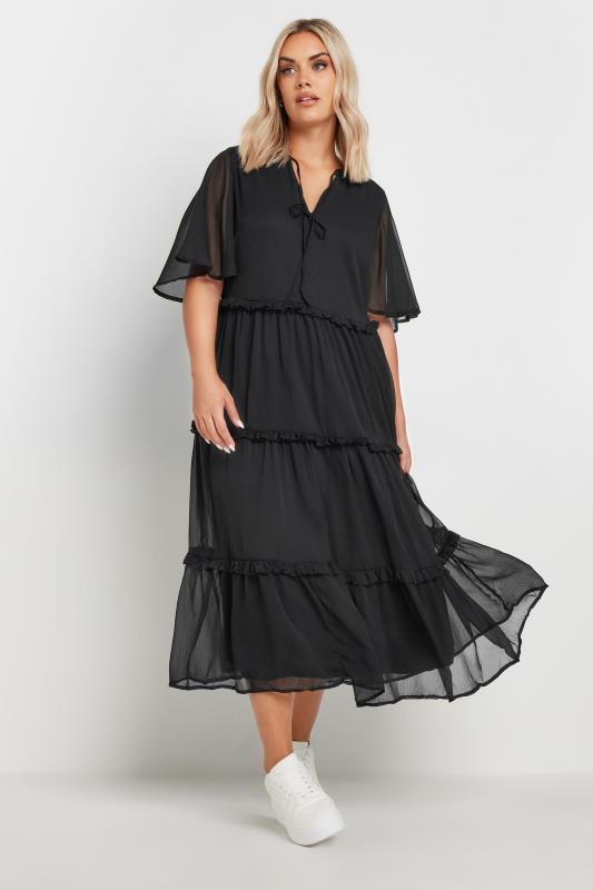 YOURS Plus Size Black Chiffon Tiered Midaxi Dress | Yours Clothing  1