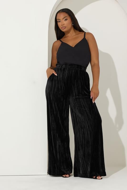YOURS Plus Size Black Crushed Velour Wide Leg Trousers | Yours Clothing 1