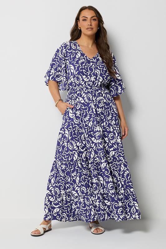 YOURS Curve Cobalt Blue Leaf Print Tiered Maxi Dress