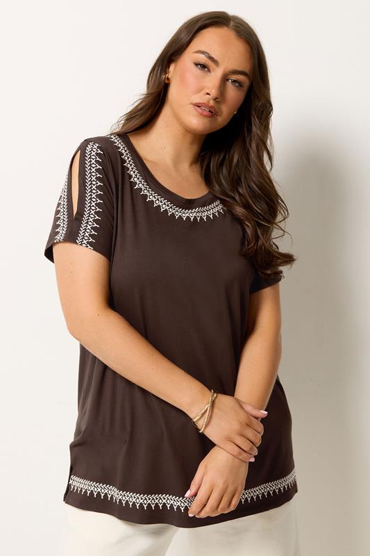 YOURS Plus Size Brown Embroidered Cold Shoulder T-Shirt | Yours Clothing 1