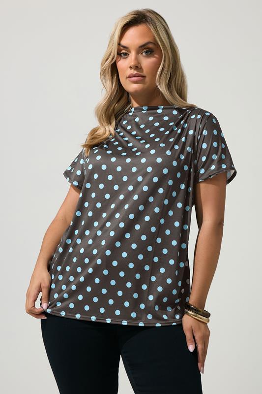  YOURS LONDON Curve Chocolate Brown Polka Dot Drape Shoulder Top