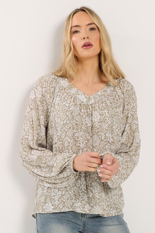 Tall  LTS Tall Natural Brown Floral Crinkle Blouse